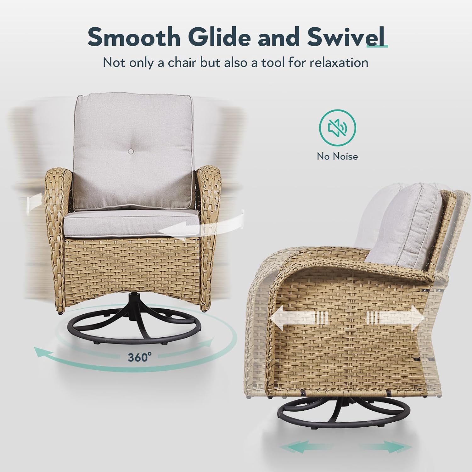 Outdoor Rocker Swivel Glider Chair - 3 Piece Wicker Patio Furniture Set, All Weather Patio Bistro Set with Glass Side Table for Balcony Porch Deck Backyard - Yellow Wicker Beige Cushion