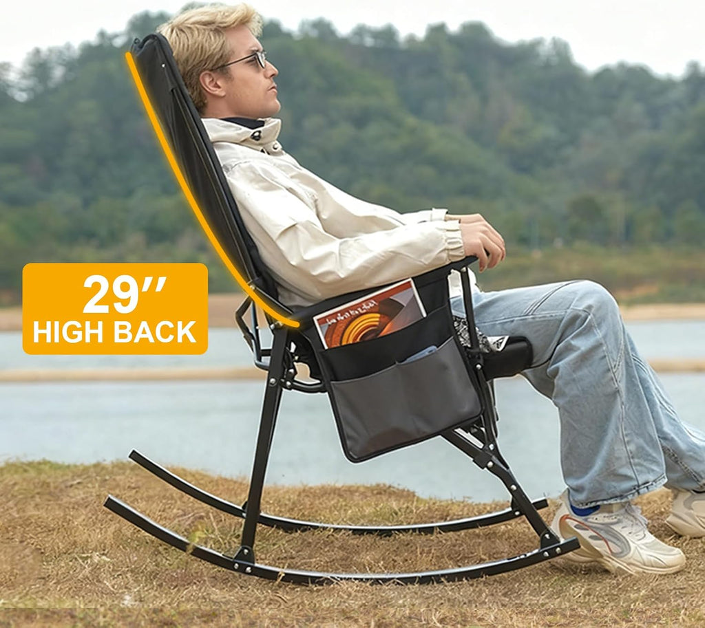 Romswi 2 Pack High Back Portable Rocking Chair with Hard Armrests, Oversized Folding Rocker Camping Chairs for Outdoor, Heavy Duty 400 lbs Patio Lawn Chairs