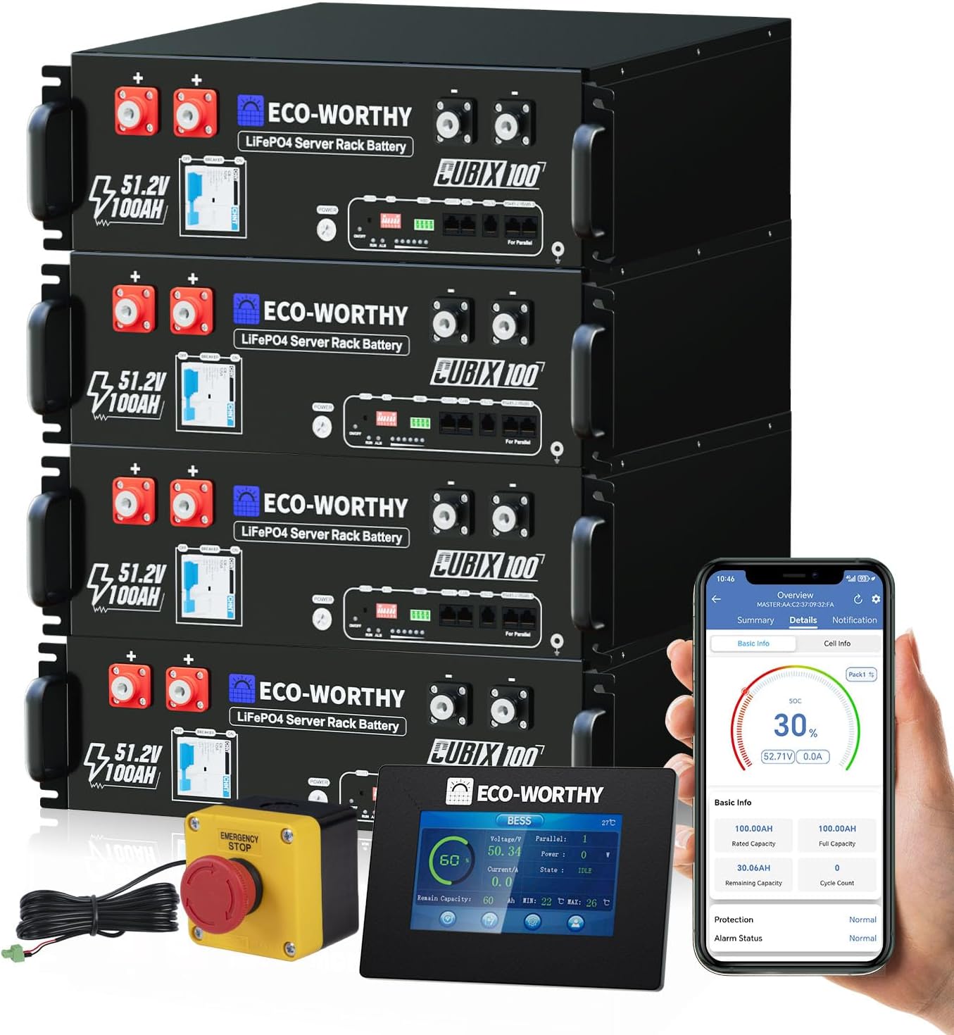 ECO-WORTHY 48V 400Ah 20.48kWh LiFePO4 Solar Battery, UL1973 & UL9540A & CEC Listed, 4 Pack 48V 100AH Server Rack Battery with Bluetooth for Solar Energy Storage, Home Backup Power