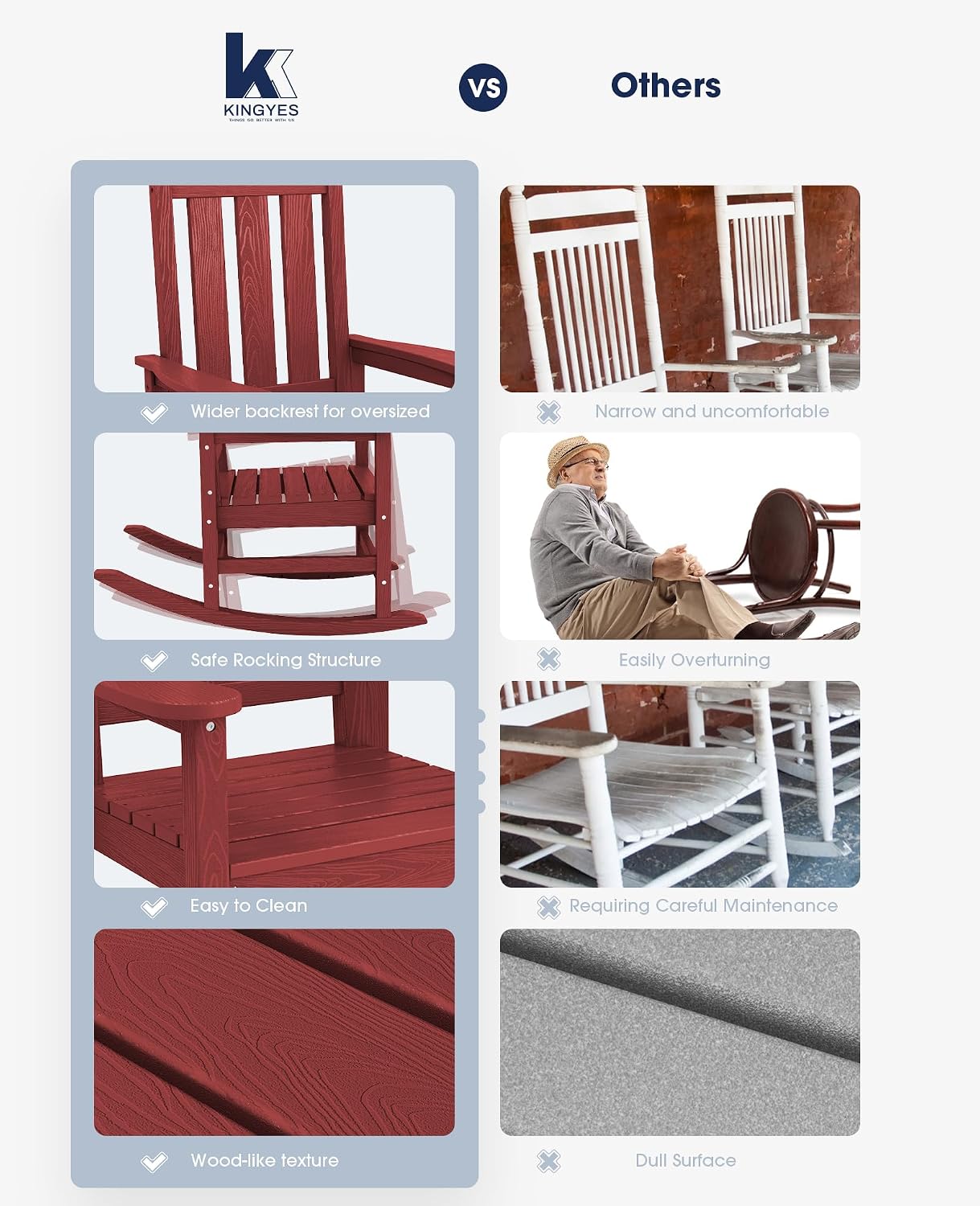 KINGYES Oversized Outdoor Rocking Chair Set of 2, All-Weather Patio Rocking Chairs for Porch, HDPE Outdoor Patio Rockers with High Back & Wide Seat for Garden, Lawn, Red