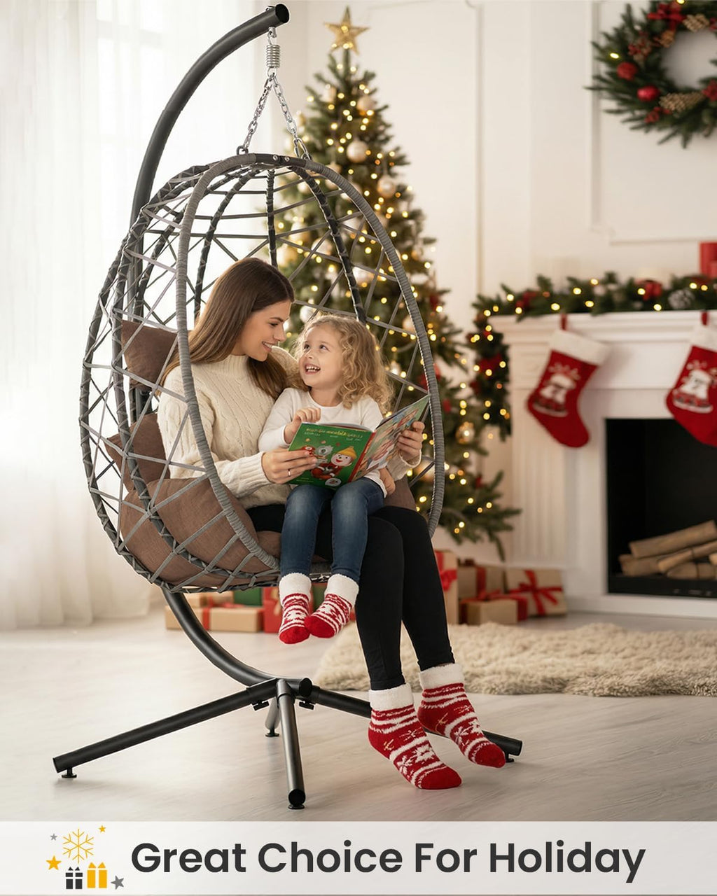 SWITTE Hanging Egg Chair with Stand, Outdoor Indoor Rattan Wicker Egg Swing Chair with Cushion, Heavy Duty Patio Hammock Chairs for Garden Backyard Balcony Bedroom, 400LBS Capacity, Brown