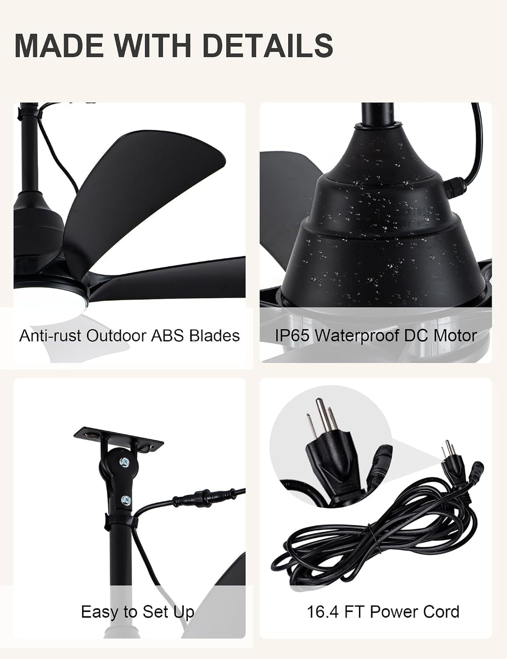 42 Inch Waterproof Outdoor Ceiling Fans with Lights Gazebo Fan for Outdoor Hanging DC Motor 6-Speed Reversible Timer 3 Color Dimmable LED Light Plug-in Ceiling Fan Outside for Patios Porch