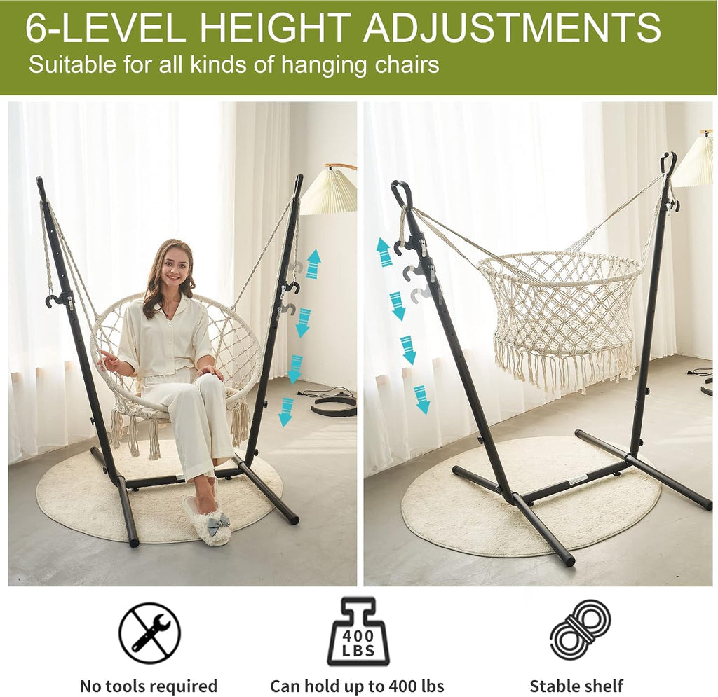 Hammock with Stand Phone Holder Included Double Hanging Chair Macrame Boho Handmade Adjustable Swing Indoor Outdoor Patio Yard Garden Porch 400lbs Capacity (2022 White)