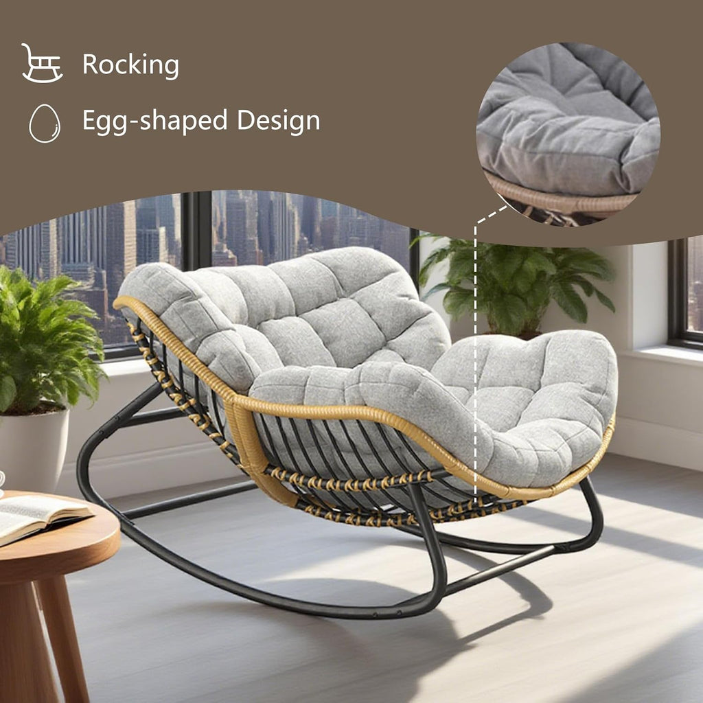 Oversized Papasan Rocking Chair with Extra Thick Cushion, Rattan Wicker Egg Chair for Indoor & Outdoor Use – Cozy Swivel Lounge Chair for Patio, Living Room, Bedroom, or Porch, Grey
