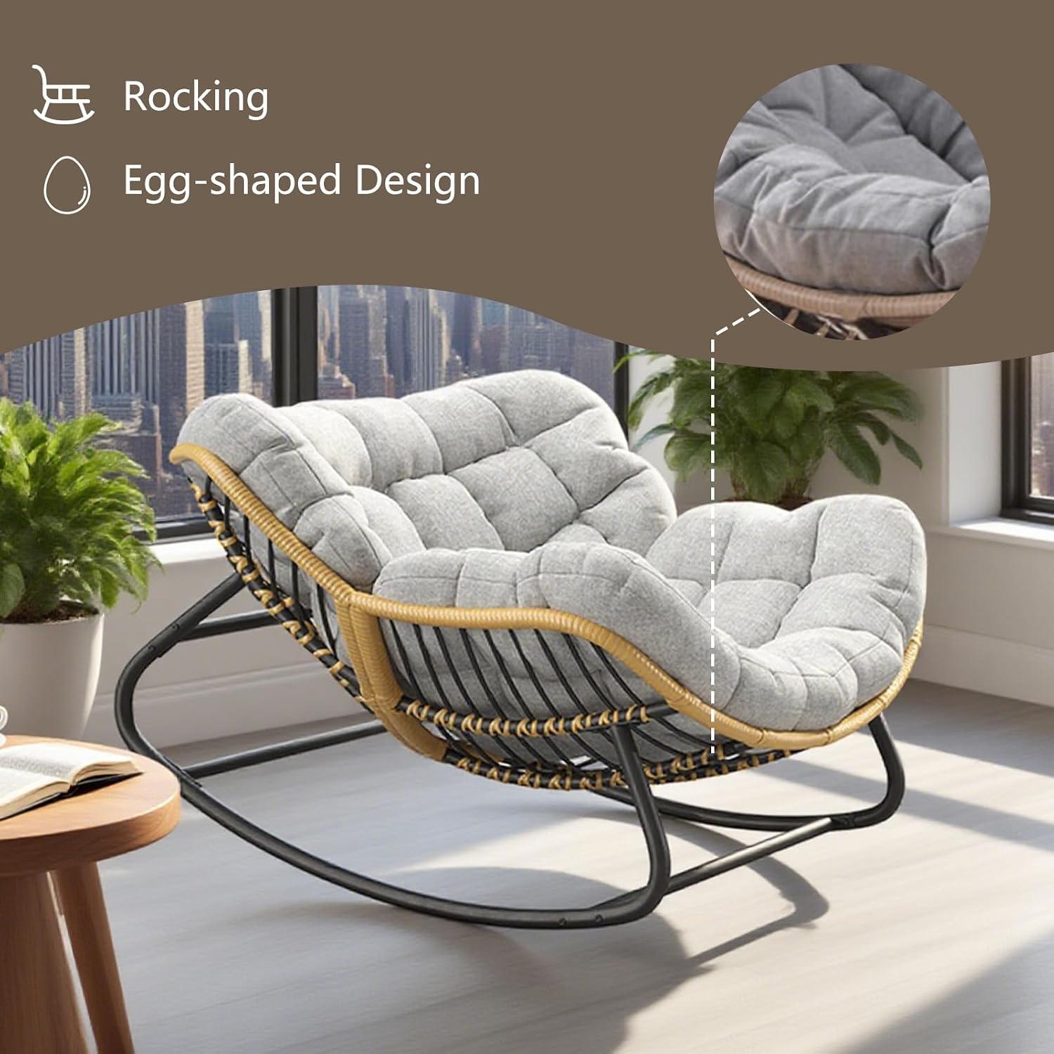 Oversized Papasan Rocking Chair with Extra Thick Cushion, Rattan Wicker Egg Chair for Indoor & Outdoor Use – Cozy Swivel Lounge Chair for Patio, Living Room, Bedroom, or Porch, Grey