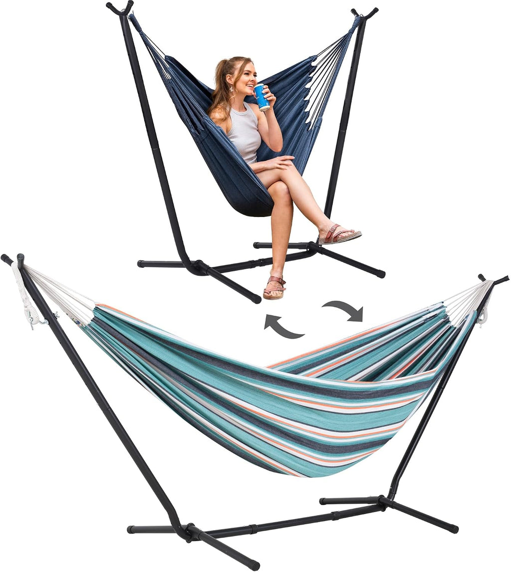 SUNCREAT 2-in-1 Convertible Backyard Fabric Hammock with Stand, Large Hammocks for Outside, Green & Orange