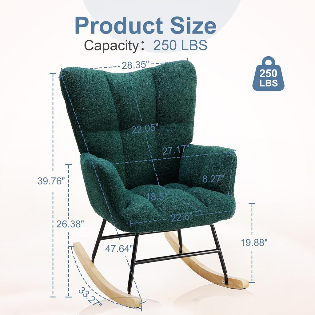 DUMOS Rocking Chair with Wing Backrest, Teddy Upholstered Indoor Reading Glider Chair with Comfy Seat for Bedroom, Living Room, Office, Forest Green
