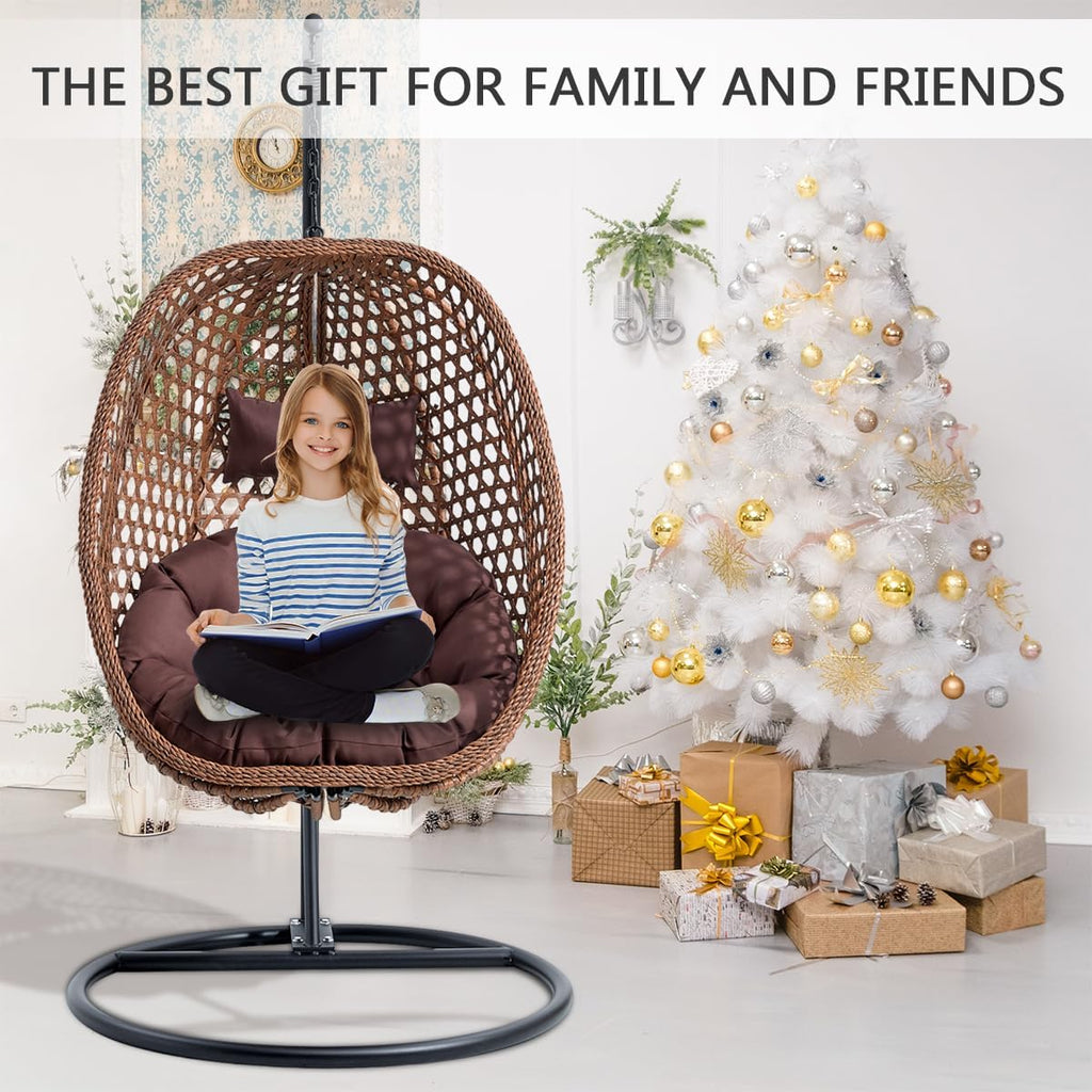 JUFU Egg Chair with Stand, Premium Indoor Outdoor Hanging Swing Chair with Thick Cushion and Headrest, 350 lb Capacity Patio Egg Chair for Bedroom, Balcony, Porch, Backyard