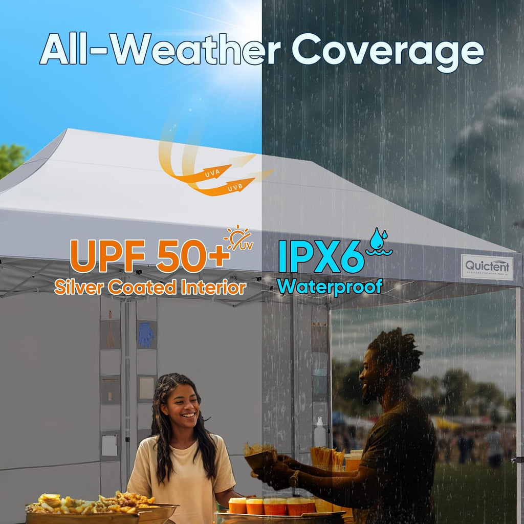 Quictent 10x20 Heavy Duty Pop up Canopy Tent, Easy up Commercial Instant Shelter with Wheeled Bag for Outdoor, Parties, Markets, Camping, 500D Silver Coated UPF 50+ Sun Shield