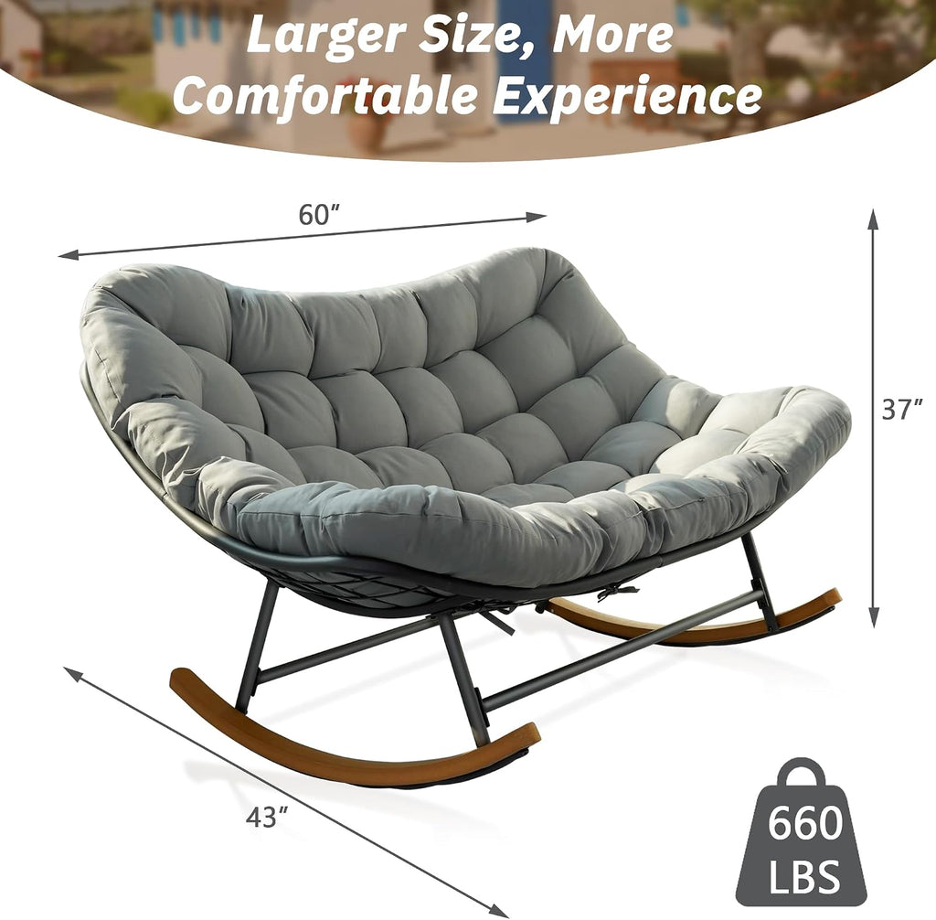 Rocking Papasan Chair,Patio Rocking Chairs for 2-Person Indoor & Outdoor,Oversized Rocking Chair with Thicken Cushion and Steel Frame,Rocker Lounge Chair for Yard,Living Room,Grey