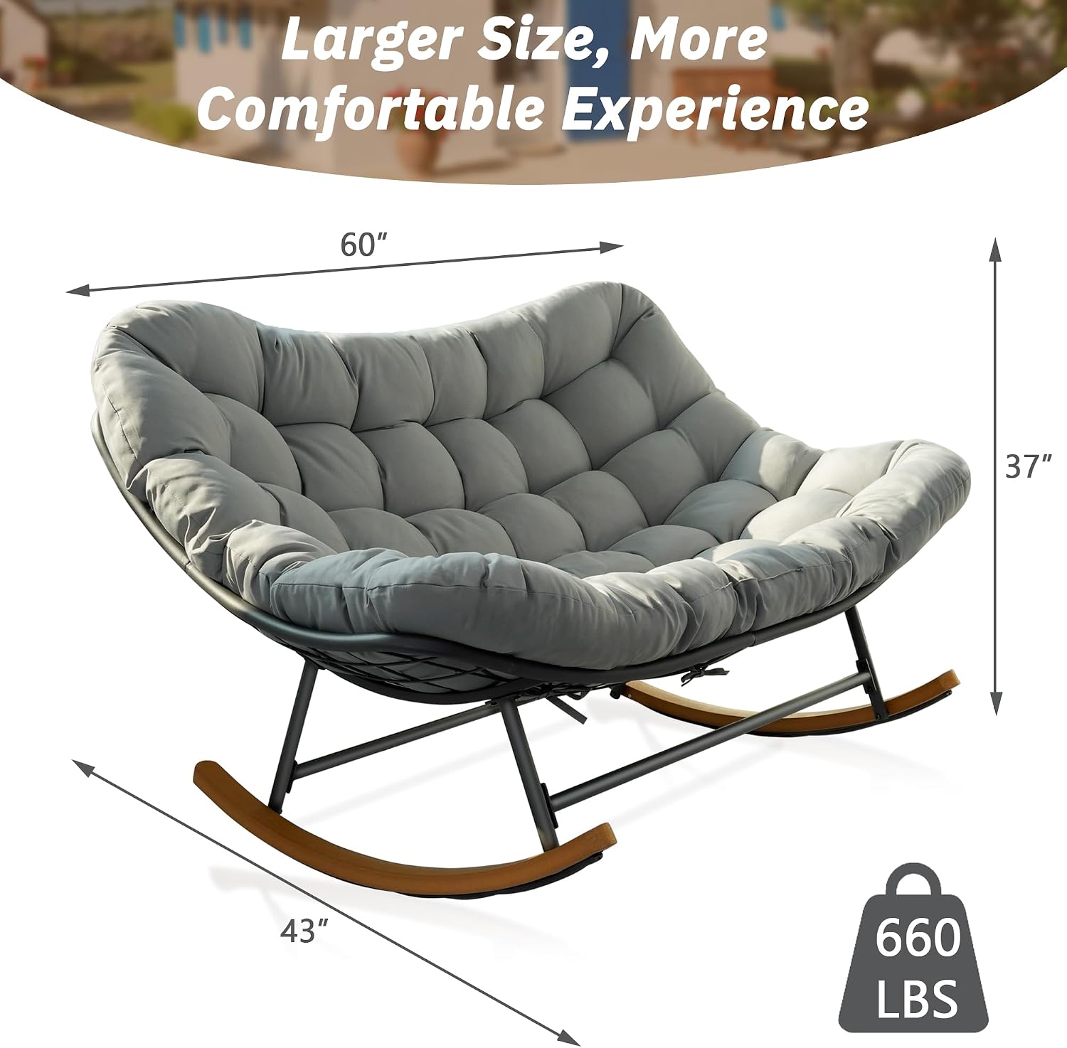 Rocking Papasan Chair,Patio Rocking Chairs for 2-Person Indoor & Outdoor,Oversized Rocking Chair with Thicken Cushion and Steel Frame,Rocker Lounge Chair for Yard,Living Room,Grey
