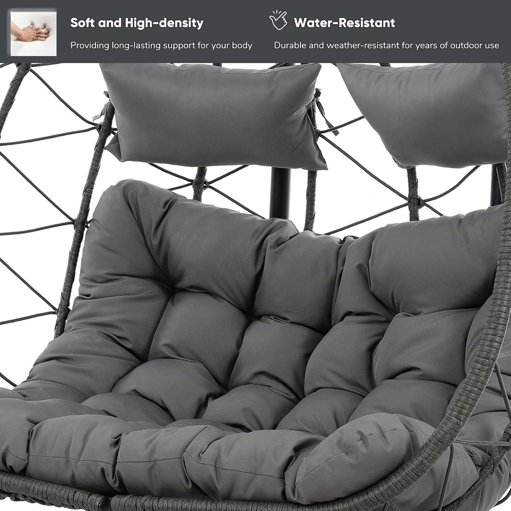 JOYBASE Double Swing Egg Chair with Stand, 2-Person Hanging Egg Chair Wicker Rattan Oversized Swinging Chair for Outdoor Indoor Garden Patio (Grey)