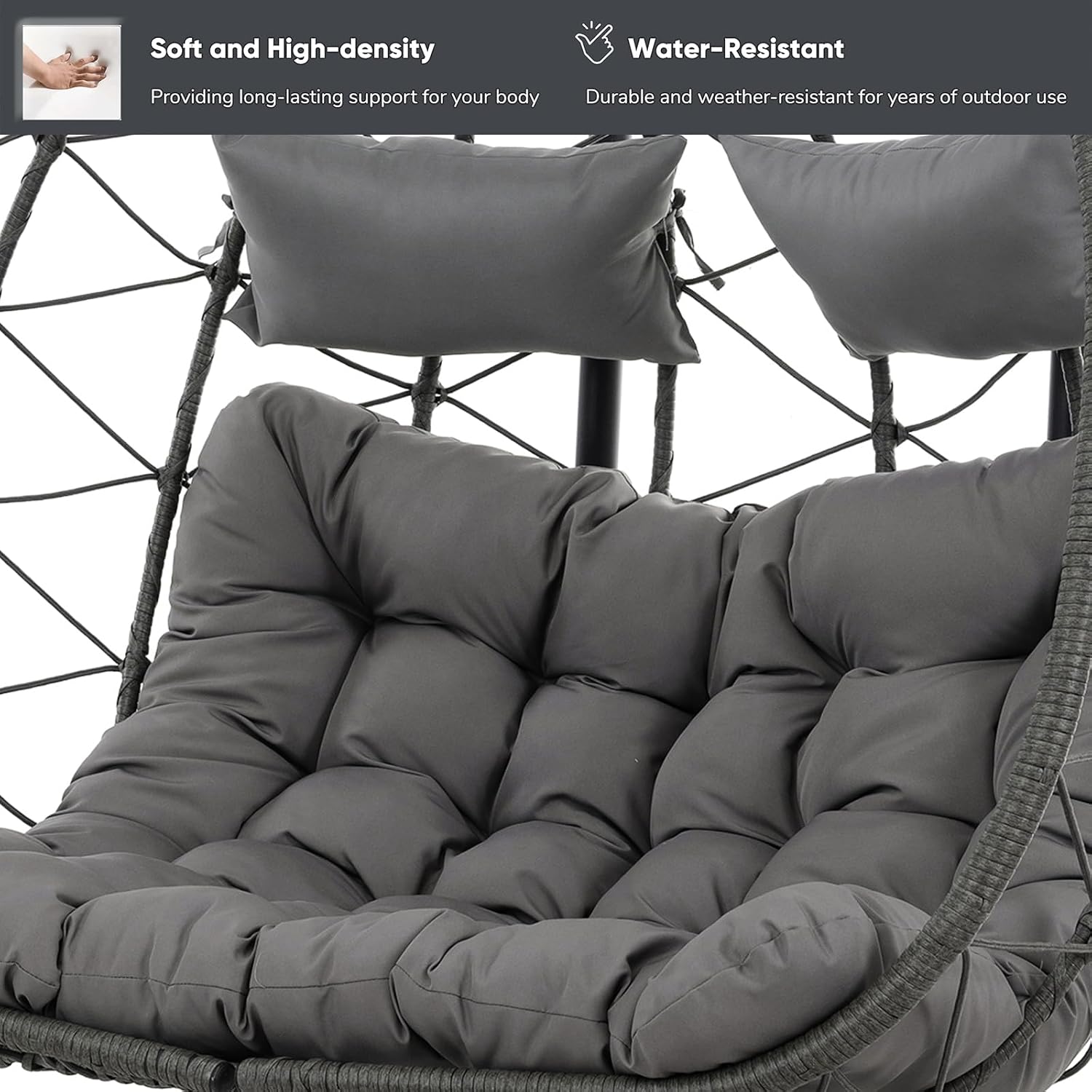 JOYBASE Double Swing Egg Chair with Stand, 2-Person Hanging Egg Chair Wicker Rattan Oversized Swinging Chair for Outdoor Indoor Garden Patio (Grey)