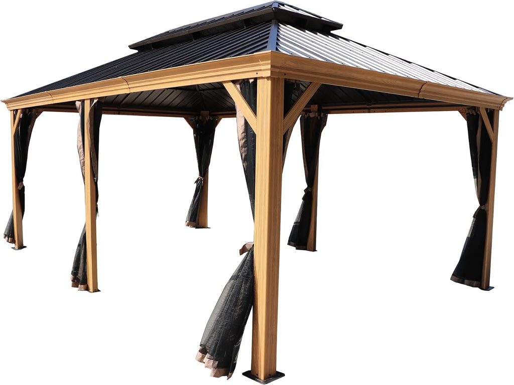 Kozyard Apollo 12'x18' Hardtop Gazebo, Wooden Coated Aluminum Frame Canopy with Galvanized Steel Double Roof, Outdoor Permanent Metal Pavilion with Netting for Patio, Deck and Lawn (12ft x18ft)