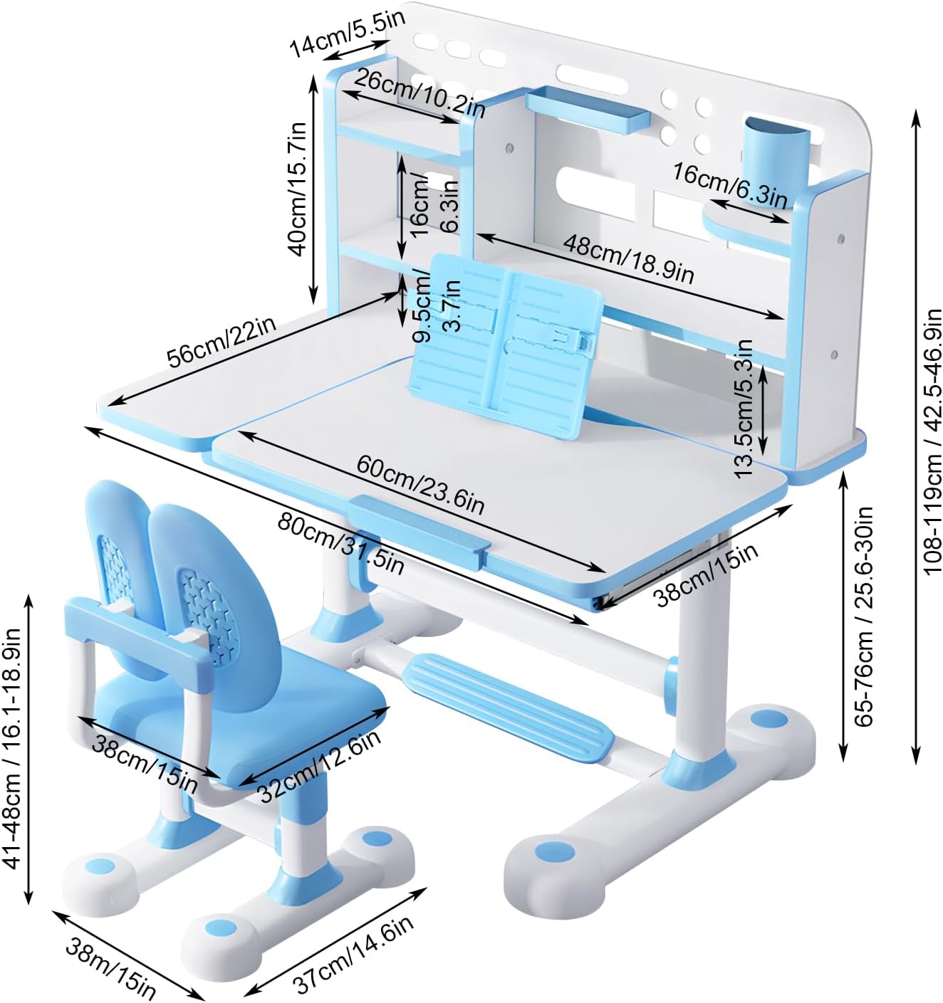 Kids Desk and Chair Set, Height Adjustable Kids Study Desk with Widened Tabletop,Tiltable Reading Stand, Spine Protect & Prevent Myopia, for Boys & Girls 3+ (Blue 2)