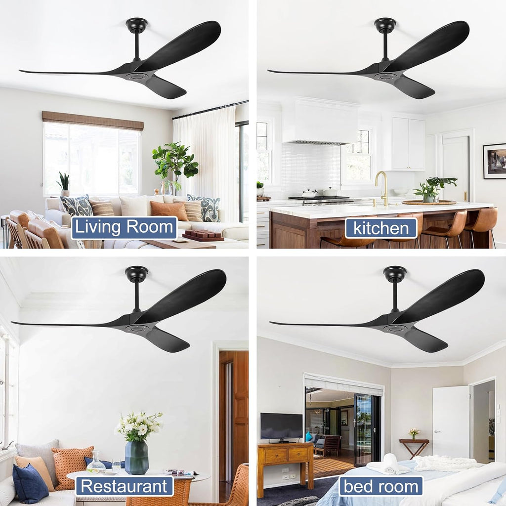 52'' Solid Wood Ceiling Fan without Light,Modern Black Ceiling Fans with Remote Control,Quiet and Reversible DC Motor,Outdoor Ceiling Fan for Garage,Porch,Living Room,Bedroom