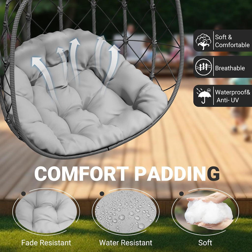 LEVELEVE Double Egg Swing Chair with Stand - 2 Person Outdoor Patio Hanging Wicker Hammock Chair with Cushion, Dark Grey, for Garden, Lawn, Bedroom, Indoor/Outdoor Use