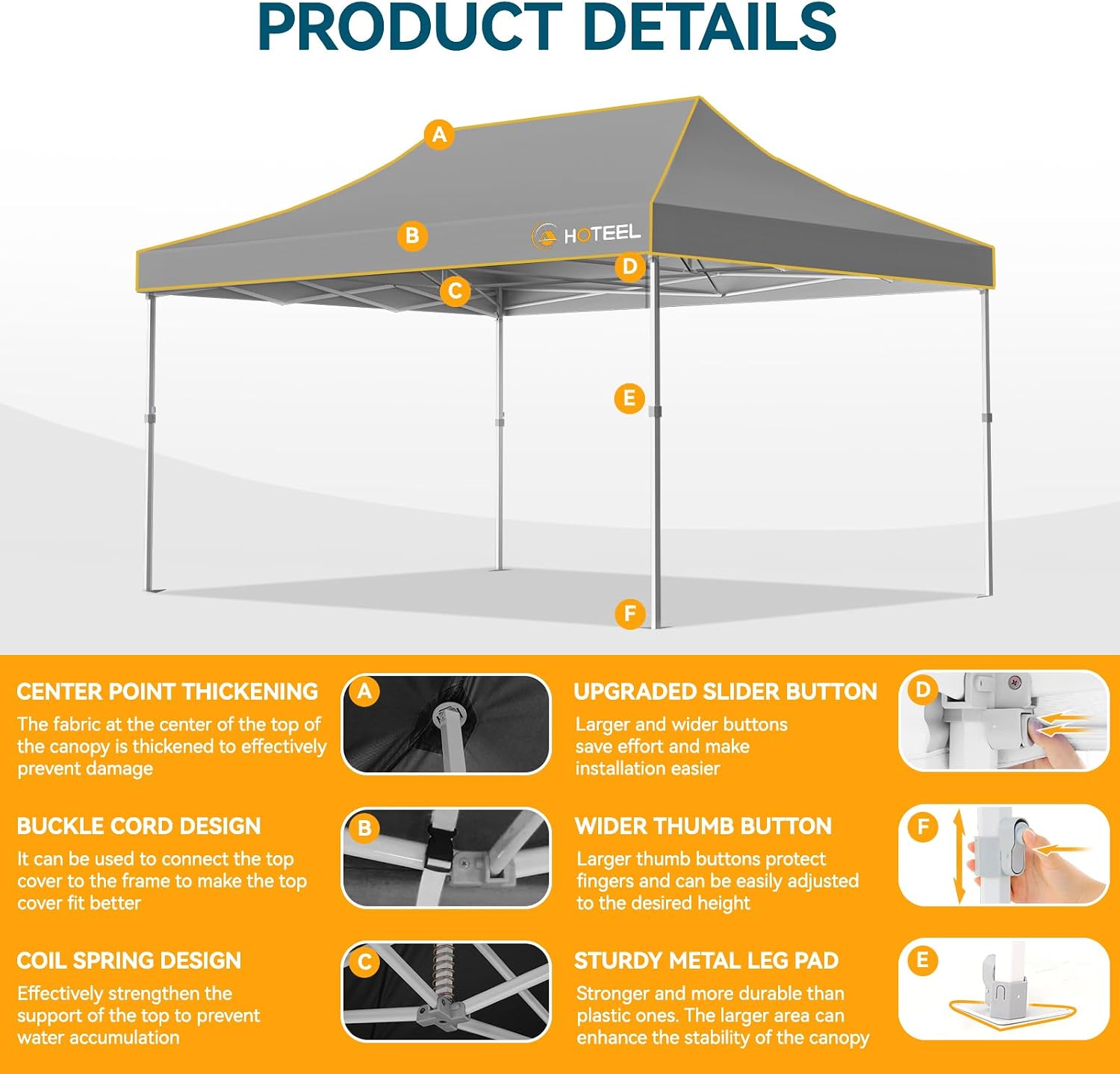 Hoteel 10x15 Pop Up Canopy Tent Heavy Duty with 4 Sidewalls, Waterproof Party Tent, Easy Set-up Commercial Instant Tents with Roller Bag & Sandbags, Hexagonal Leg (1-Year Warranty)