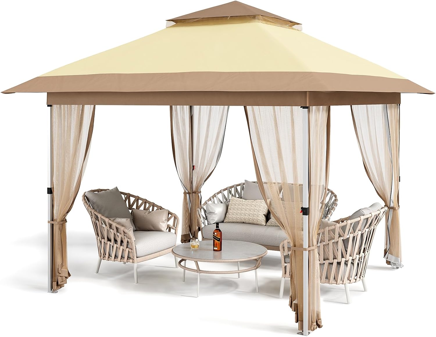 10x10 Pop Up Gazebo Tent with Mosquito Netting & Water,Resistant Oxford Canopy with Roller Bag,Instant Setup Outdoor Shelter for Backyard, Patio, Parties, Weddings, Outdoor Dining，Beige+Khaki
