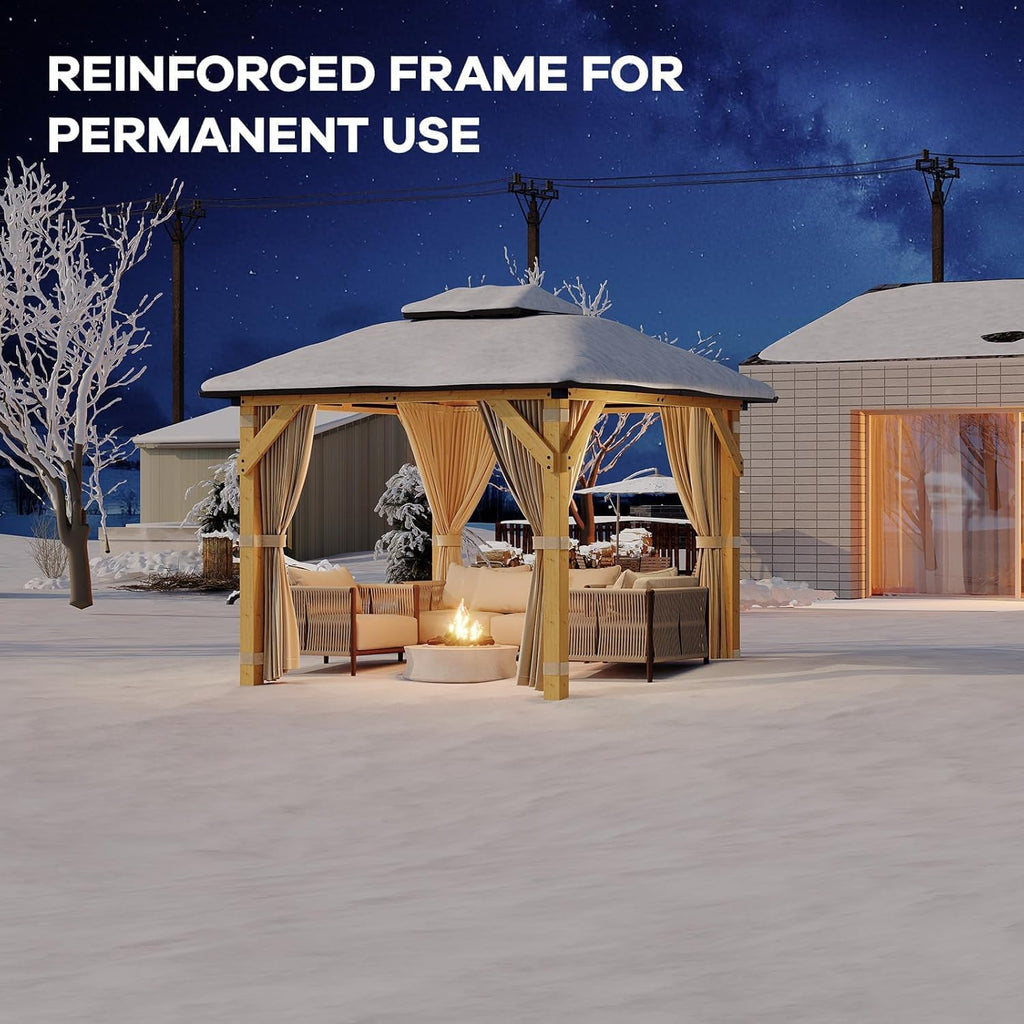 10 * 12FT Hardtop Gazebo Outdoor Wood Gazebo Canopy Shelter with 4-Post Wooden, Netting & Curtains Double-Top Design for Patio Backyard Garden Wedding Party