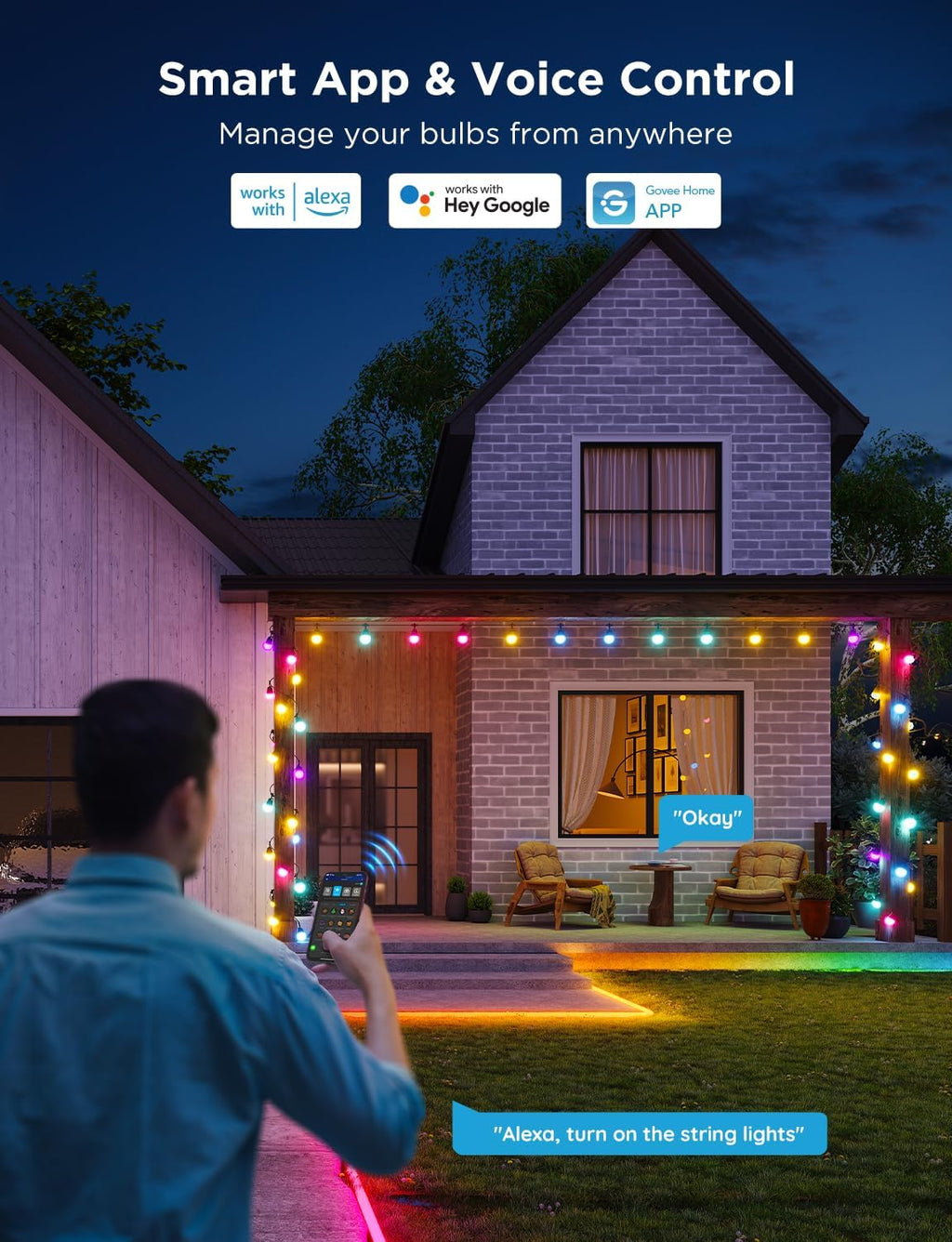 Govee Smart Outdoor String Lights 2, 96ft RGBIC Outdoor Lights with Dimmable Warm White LED Bulbs, 47 Scene Modes for Patio, Backyard, IP65 Waterproof, Compatible with Alexa, App Control