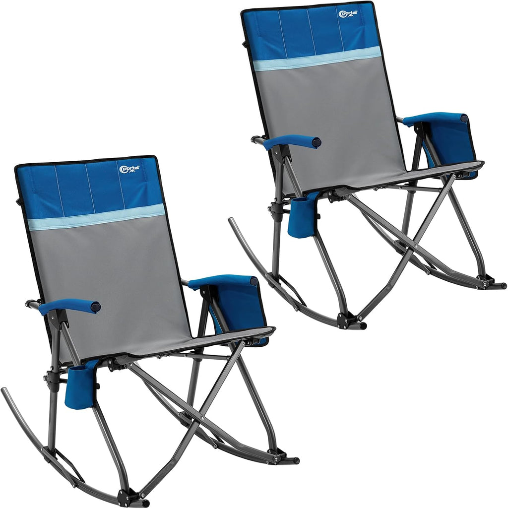 Portal Oversized Folding Rocking Camping Chair Portable Outdoor Rocker with High Back Hard Armrests Carry Bag, Supports 400 lbs, Padded Back, Grey&Blue,2Pack