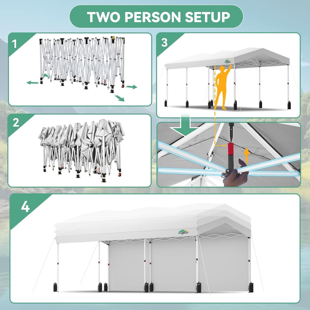COBIZI 10x30 Pop Up Canopy with One Button Push Center Lock,Ez Up Portable Carport with 3 sidewalls,Waterproof UV50+ Outdoor Party Commercial Carport Canopy Gazebos with Roller Bag(10 x 30 ft White)