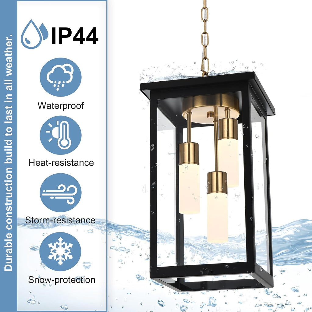 TODOLUZ 3-Light Large Outdoor Pendant Light with Frosted Coloum, 5CCT Dimmable Exterior Chandelier Hanging Porch Lighting (3000K/3500K/4500K/5000K/6000K)