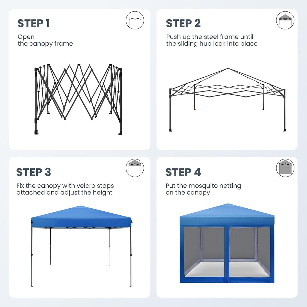 PHI VILLA 10' x 10' Pop Up Canopy Tent with Netting, Instant Gazebo, Ez up Screen Party Tent House Room with Carry Bag, Height Adjustable, for Outdoor, Garden, Blue