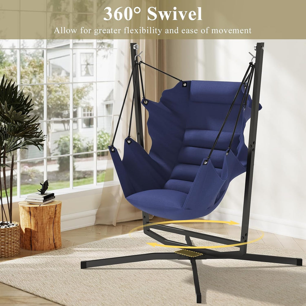 360° Swivel Hammock Swing Chair with Stand - Comfortable Hanging Chair with Cushions (400 lbs Capacity) for Indoor/Outdoor Use - Perfect for Bedroom, Patio, Porch, Deck, Garden, Balcony