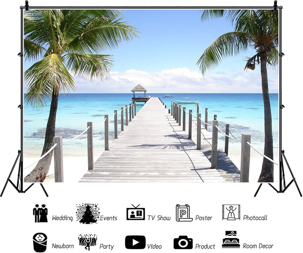 20x10ft Tropical Seaside Backdrop Summer Holiday Coconut Trees Wooden Pier Gazebo Photography Background Wedding Ceremony Honeymoon Birthday Party Summer Party Children Adults Portrait