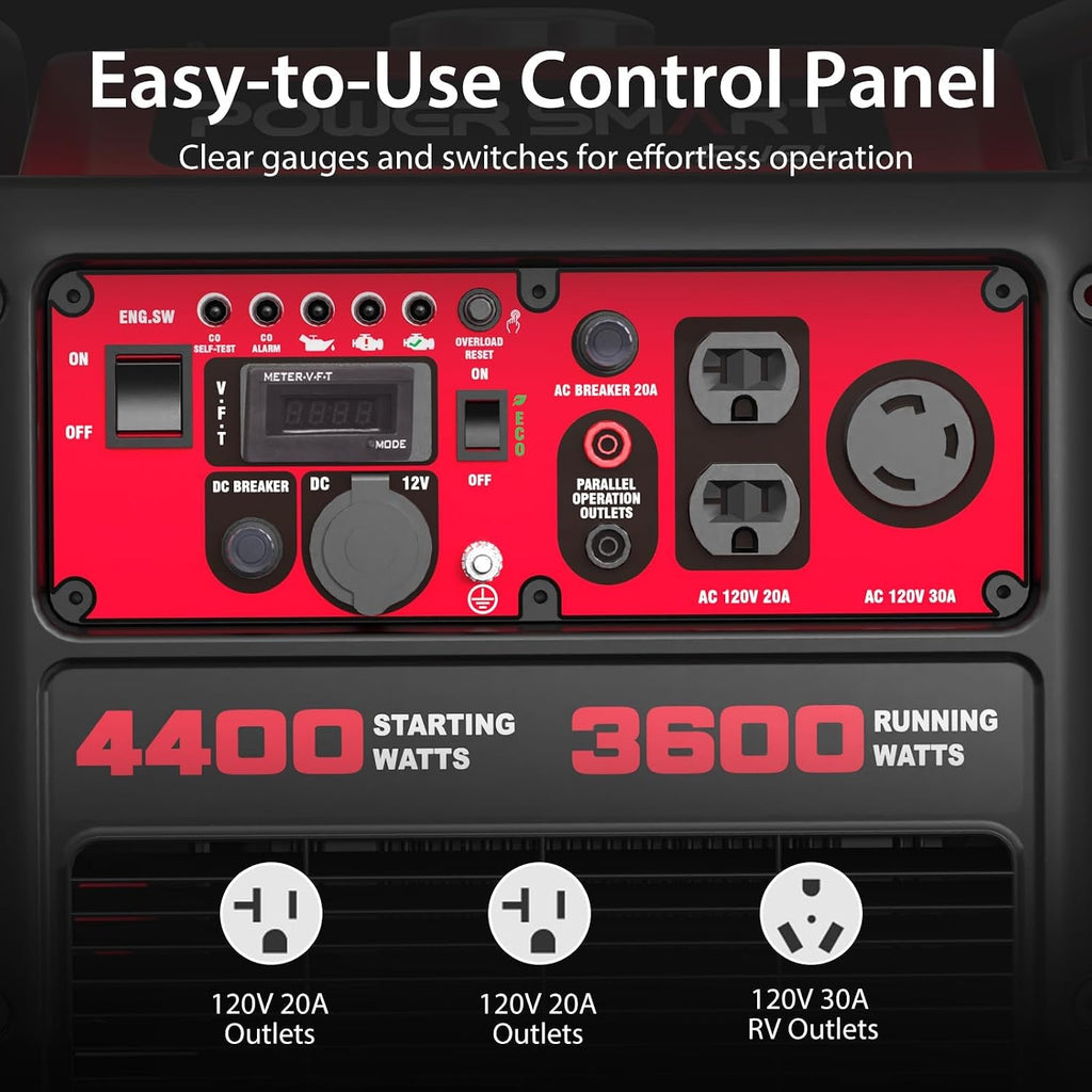 PowerSmart 4400W Portable Inverter Generator, Gas Powered, CO-Sensor, Lightweight & Quiet for Home Use and Emergency Backup, Camping, EPA Compliant
