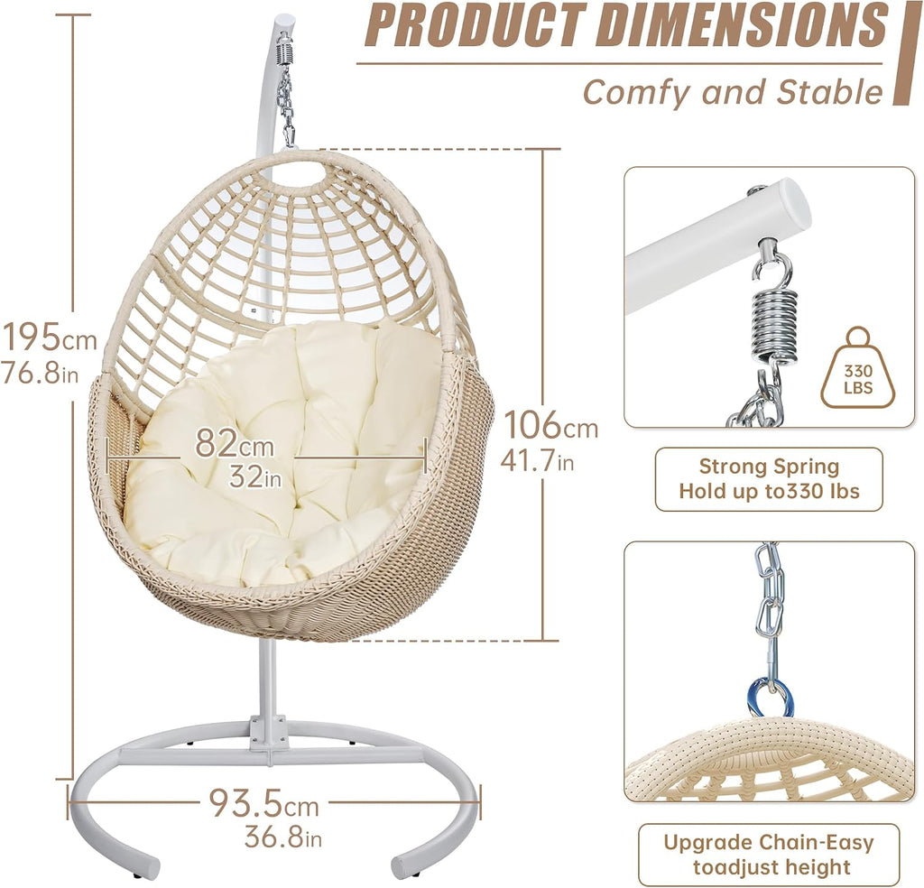 Hanging Egg Chair Swing Chair with Stand Wicker Rattan for Indoor Outdoor Patio Bedroom Hammock with Steel Frame and Cushion, 300 lbs Capacity, Beige