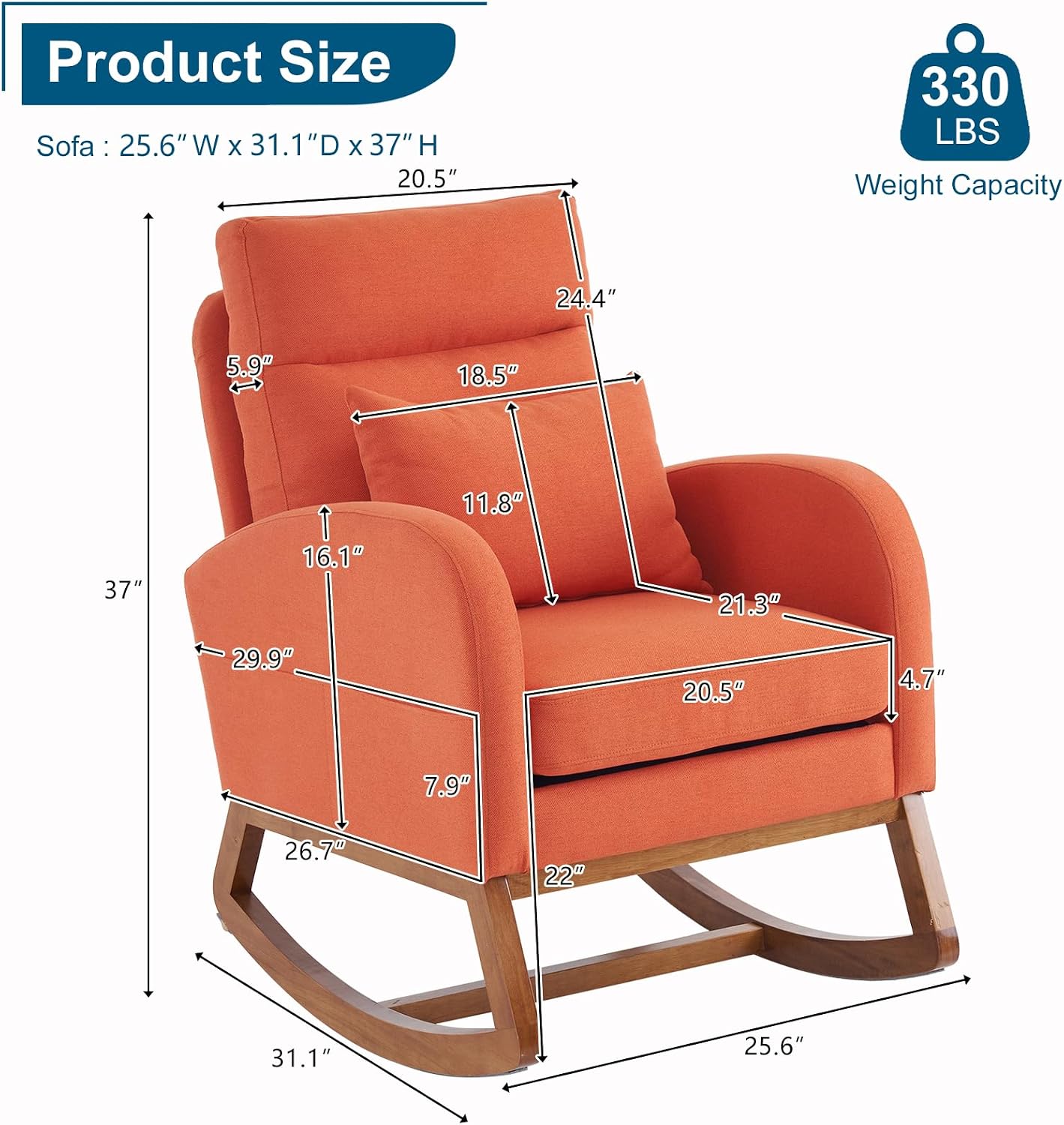 VINGLI Orange Linen Rocking Chair Nursery with Thick Headrest, Upholstered Mid-Century Modern Nursing Rocker Glider with Curved Armrest, Sturdy Solid Wood Base for Living Room, Bedroom, Baby Room
