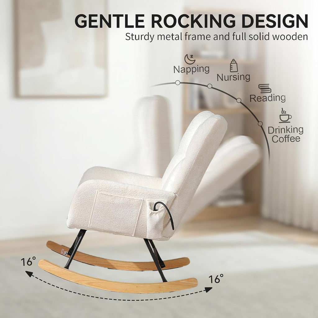 Rocking Chair with Airbag, Comfy Modern Reading & Nursing Nursery Rocking Chair Indoor, Cozy Upholstered Glider Rocker Chairs for Living Room Bedroom Offices, (Chenille, White)