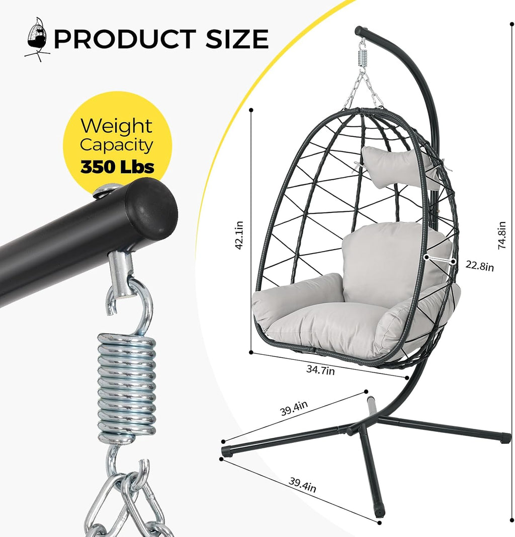 Egg Chair with Stand, Wicker Hanging Chair for Outdoor Patio, Cushioned Hammock Swing for Bedroom Garden Indoor/Outdoor, Double-Zipper Structure Hanging Egg Chair (Black Frame and Light Gray)