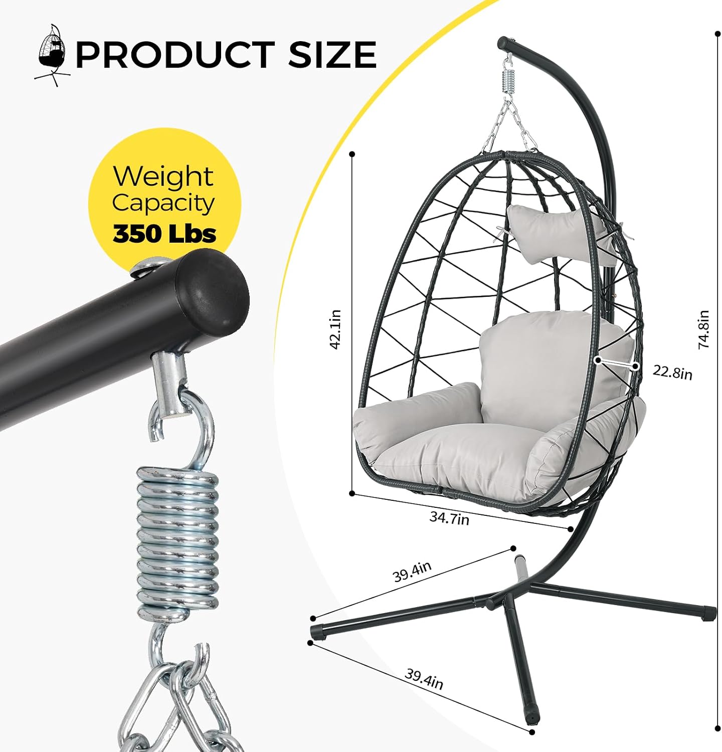 Egg Chair with Stand, Wicker Hanging Chair for Outdoor Patio, Cushioned Hammock Swing for Bedroom Garden Indoor/Outdoor, Double-Zipper Structure Hanging Egg Chair (Black Frame and Light Gray)