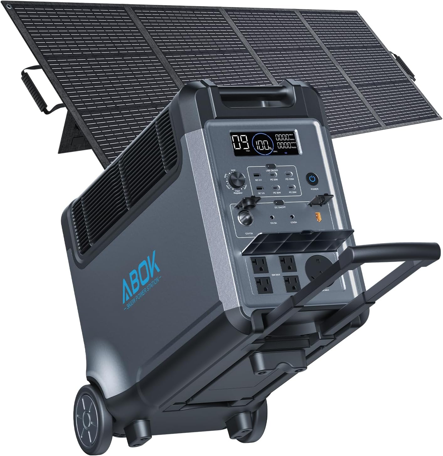 ABOK Ark3600 Portable Power Station with 200W Solar Panel, 3840Wh LiFePO4 Solar Generator Kit, 3600W AC Output, 2000W Max Fast Solar Input, Home Battery Backup for RV, Off-Grid, Power Outages