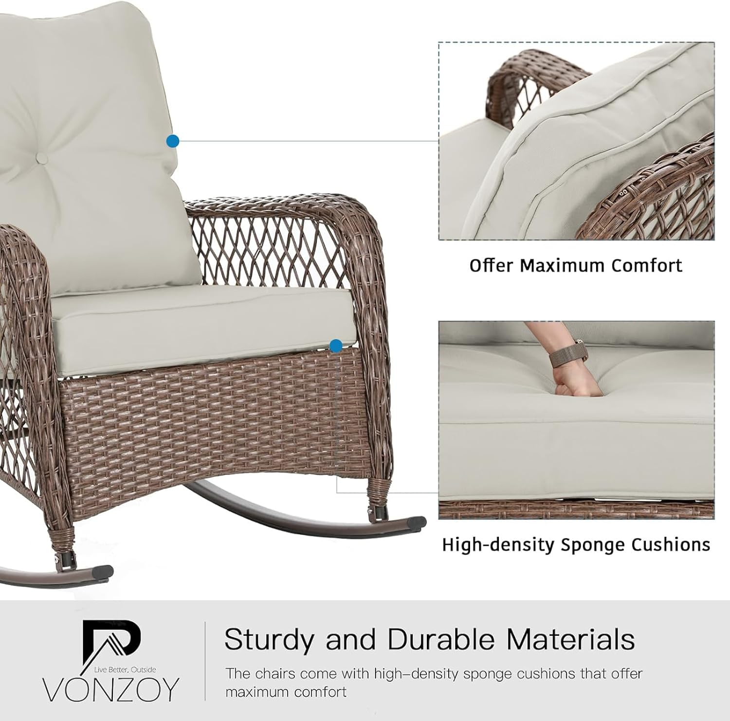 Patio Furniture Set 3 Pieces, Rocking Bistro Set with Thick Cushions, Brown Wicker Outdoor Rocker Chairs and Coffee Table for Porch, Backyard or Garden (Pale White)
