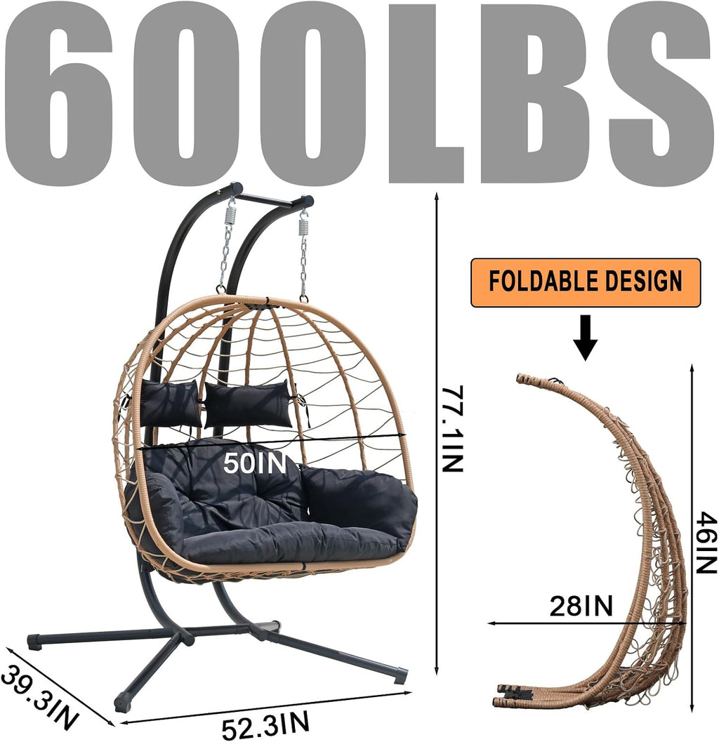 Double Egg Chair Outdoor, 2 Person Hanging Egg Chair with Stand, Patio Wicker Egg Swing Chair for Garden, Backyard, Balcony, 600Lbs Heavy Duty (BR-BL)