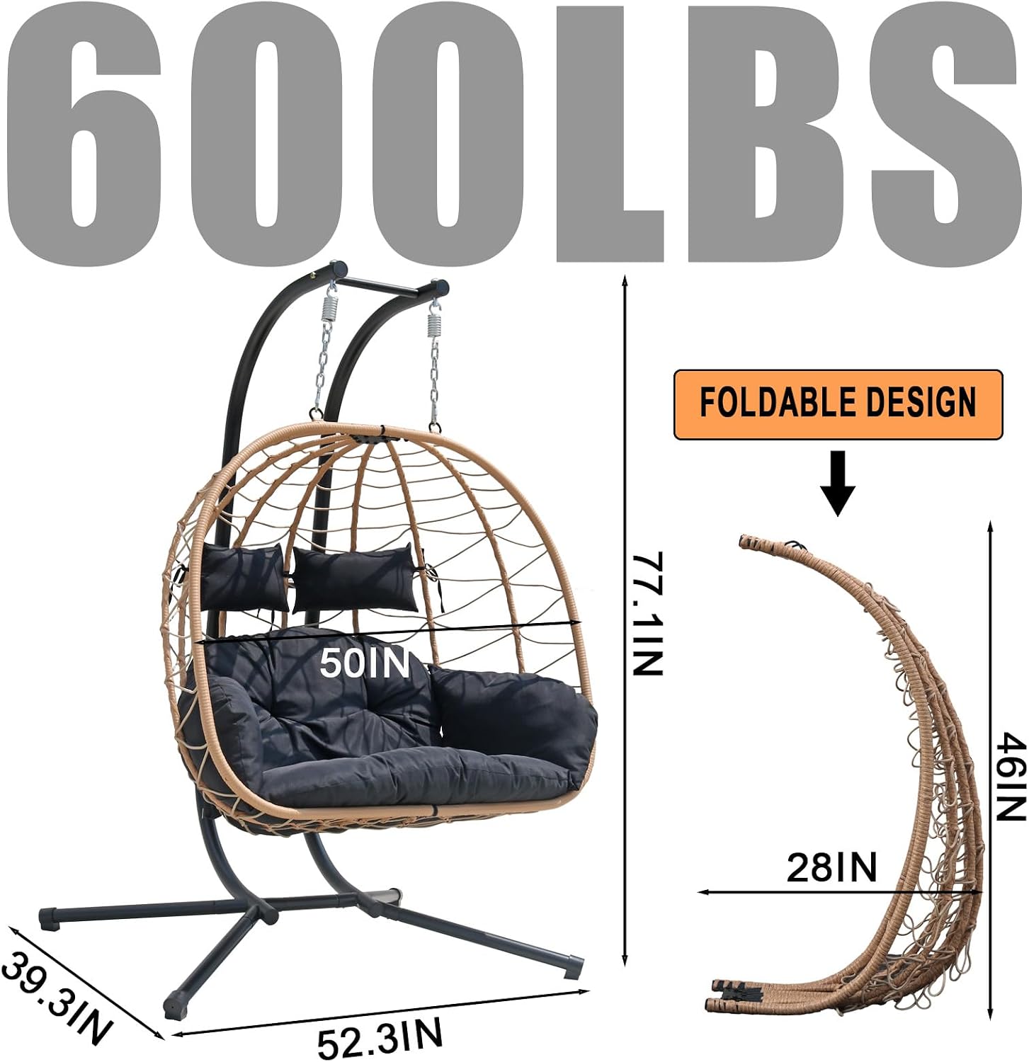 Double Egg Chair Outdoor, 2 Person Hanging Egg Chair with Stand, Patio Wicker Egg Swing Chair for Garden, Backyard, Balcony, 600Lbs Heavy Duty (BR-BL)