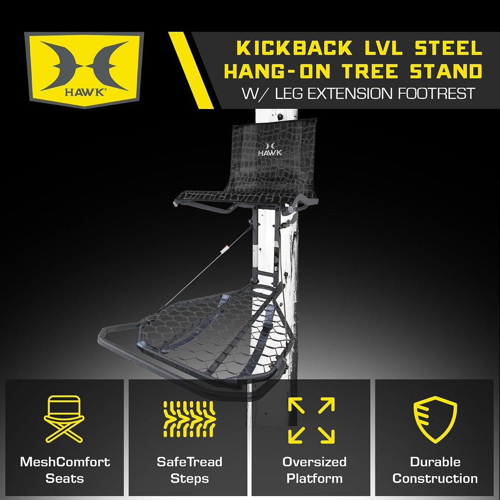 Hawk Kickback LVL Hang-On Deer Hunting Tree Stand, Deer Stand with Kick Back Footrest, XL Comfort Seat and Oversized Platform