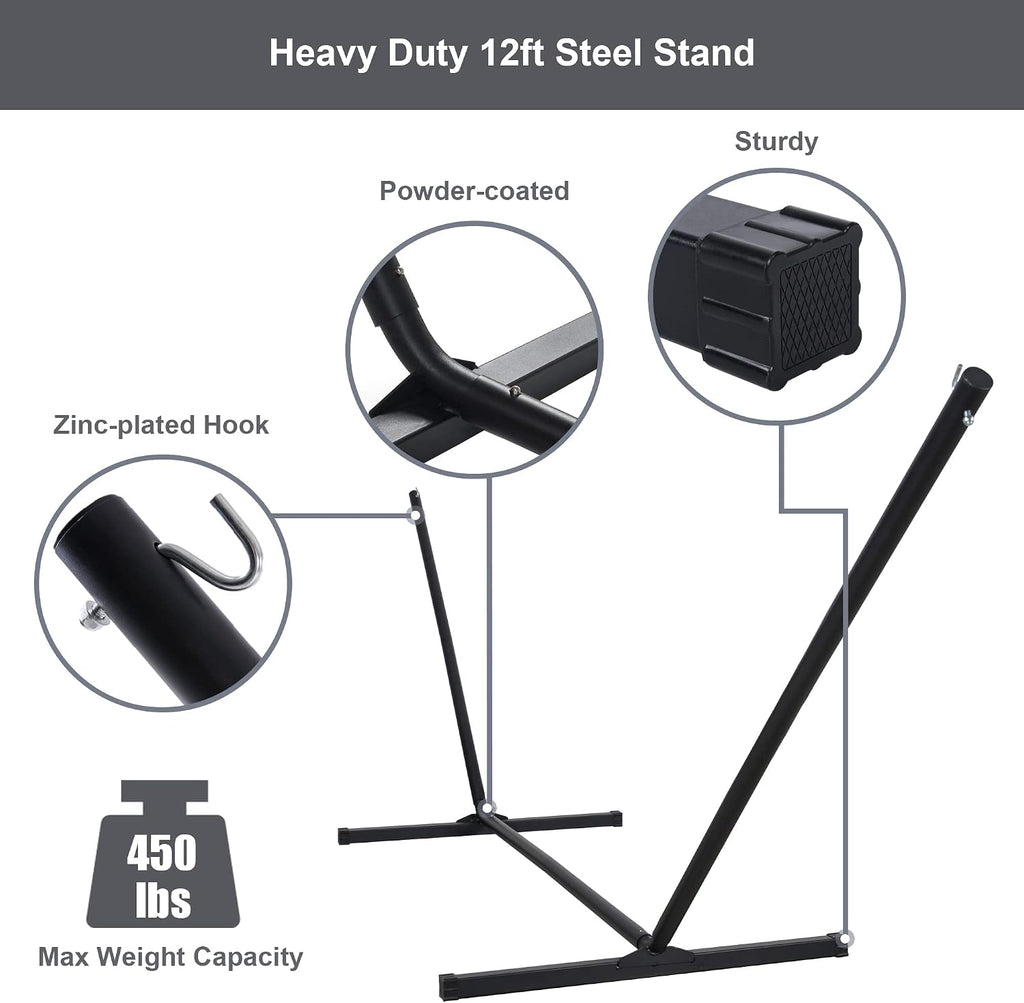 55in Hammock with Stand, Heavy Duty Hammock with Stand Included, Two Person Hammock with Curved Spreader Bar, Pillow and Portable Bag, 450 Lbs Capacity, Dark Gray