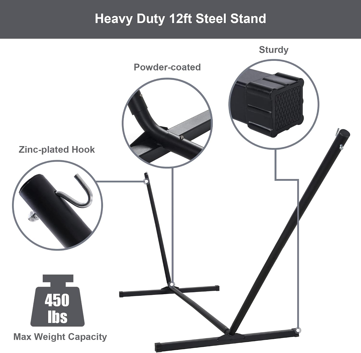 55in Hammock with Stand, Heavy Duty Hammock with Stand Included, Two Person Hammock with Curved Spreader Bar, Pillow and Portable Bag, 450 Lbs Capacity, Dark Gray