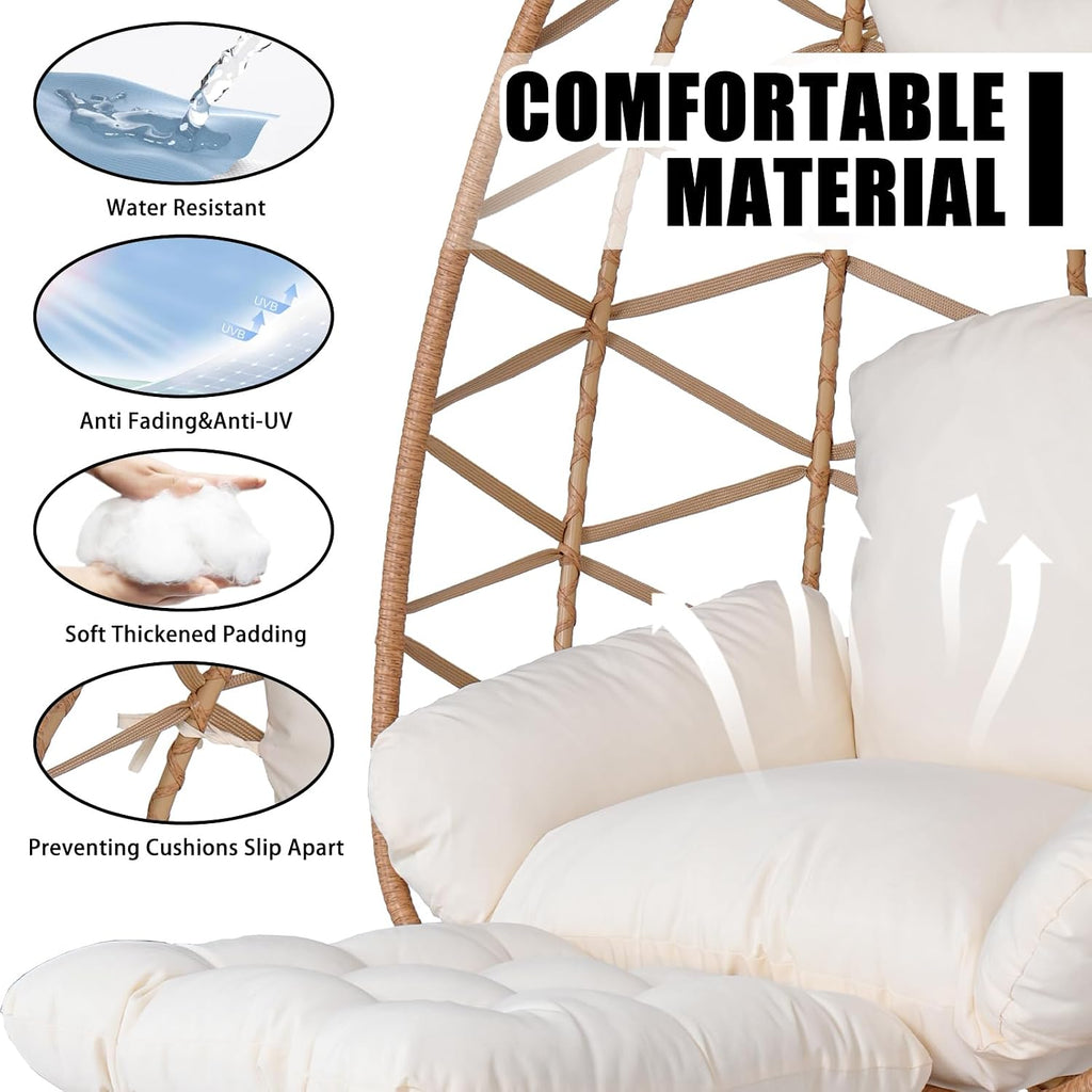 Hanging Egg Chair with Stand & Leg Rest,Rattan Wicker Swing Chair with Cushion,Patio Basket Hanging Chair Wicker Hammock Chair for Indoor Outdoor Bedroom Garden,300LBS (Yellow Rattan&Cream Cushion)