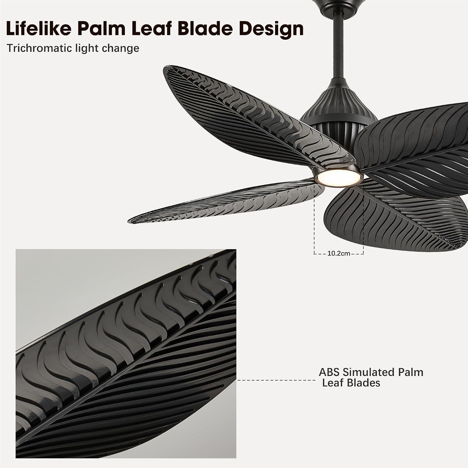 52' Tropical Ceiling Fans with Lights, Indoor Palm Leaf Ceiling Fan with Light and Remote for Living Room Bedroom, ABS Blades, Dimmable LED Lights, 6 Speeds, Adjustable Height-Black
