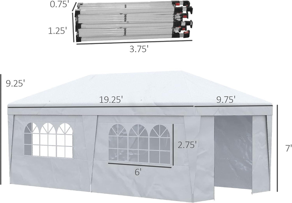 Outsunny 10' x 19.5' Pop Up Canopy with Sidewalls, UPF 30+ Height Adjustable Large Party Tent Event Shelter with Sandbags and Wheeled Carry Bag for Garden, Patio, White