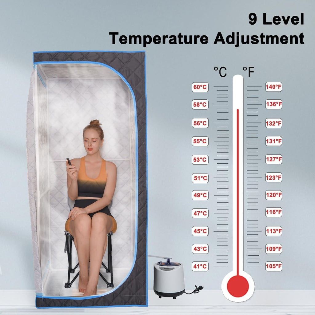 Portable Steam Sauna | Full Size Portablel Sauna Tent | Personal Home Sauna Spa | with 2.2L Water Injection Rate and 1000W Steam Generator, Portable Chair, Black (Blue Edge)