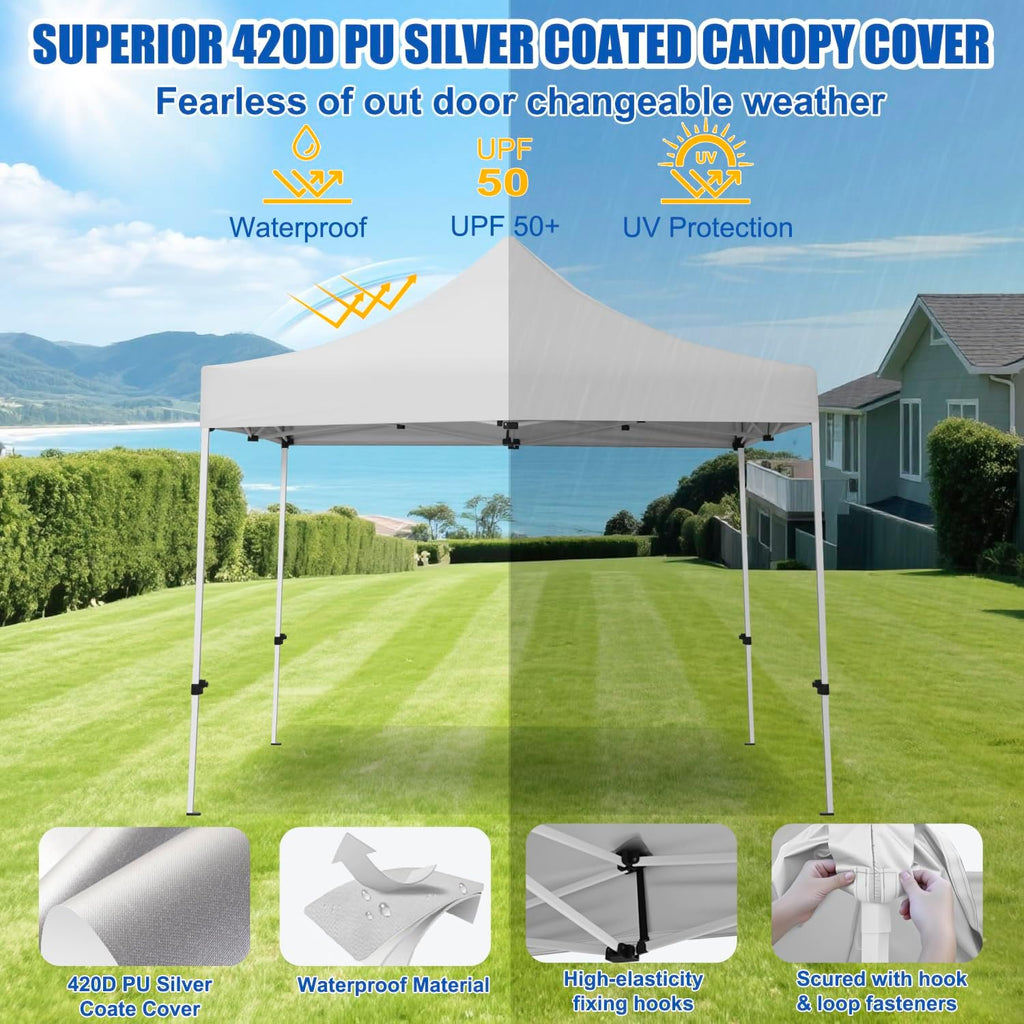Yesker 10x10 Pop Up Canopy Tent with 4 Sidewalls Portable Folding Outdoor Canopy Easy Setup Gazebo Waterproof Instant Popup Shelter Tent w Wheel Carry Bag sandbags for Events Parties Camping, White