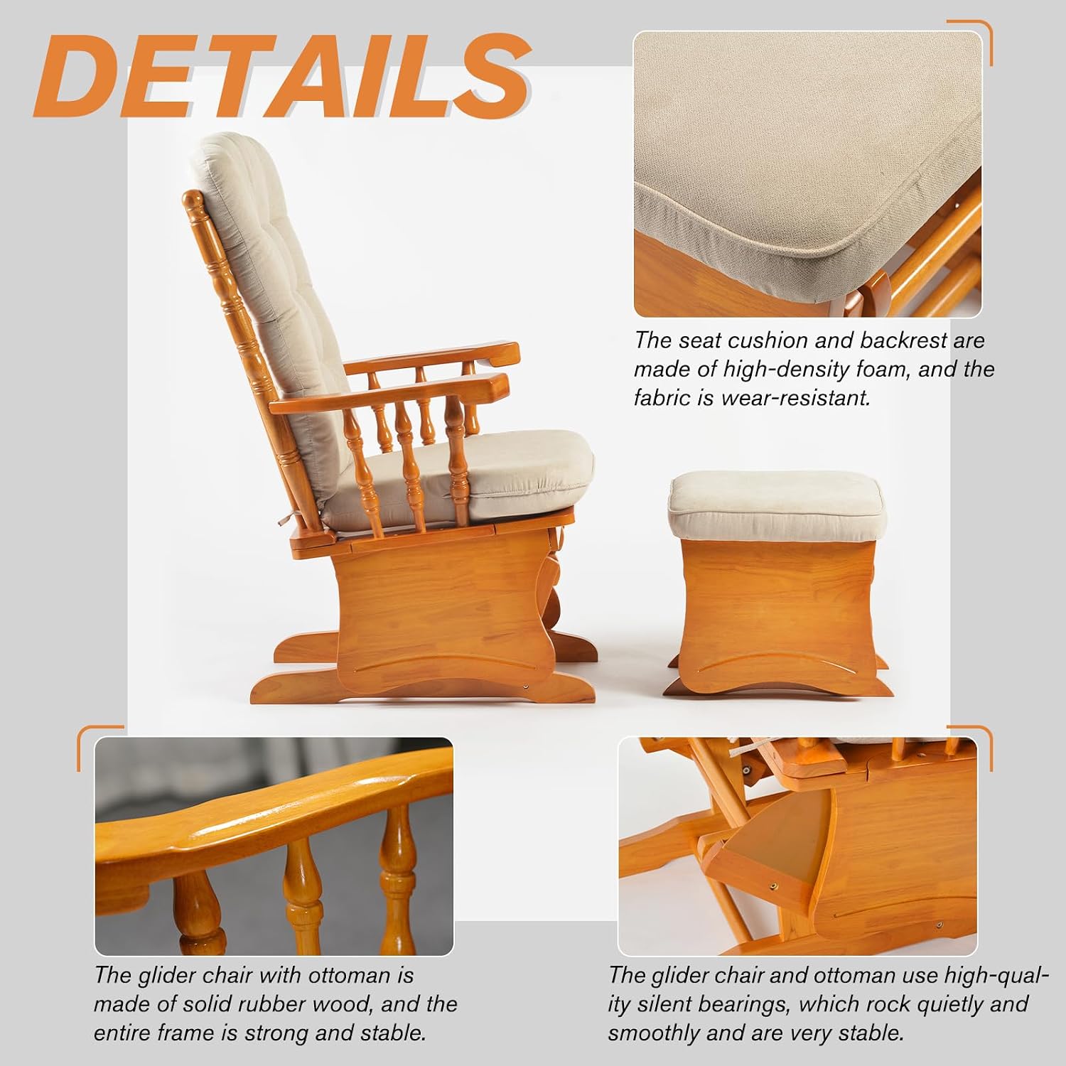Anti-Pinch Solid Wood Hand Glider Rocking Chair Set with Ottoman, with Padded Cushion, Rustic Rubber Wood Nursery Glider for Nursing, Relaxing, Living Room, Bedroom, Honey Colored